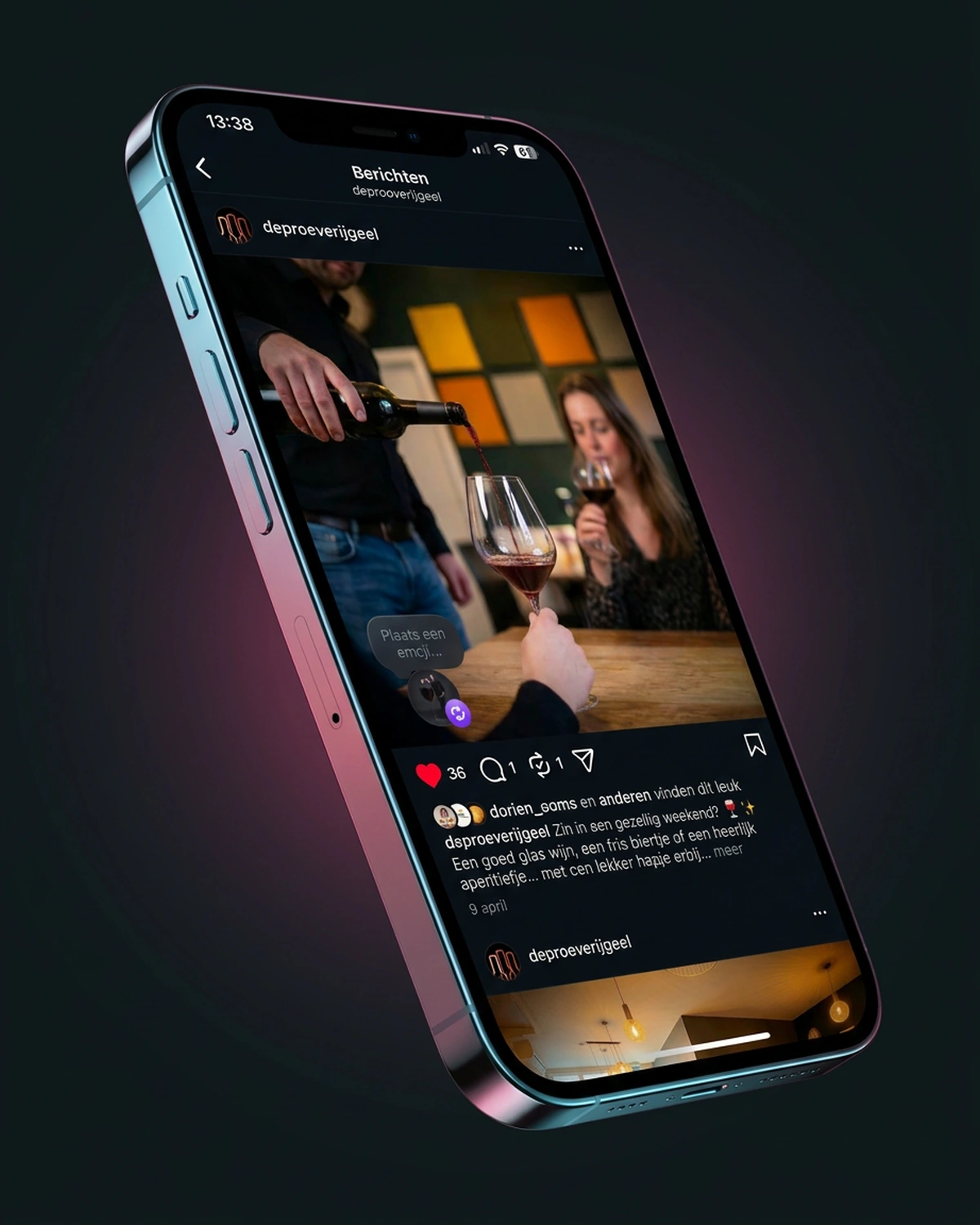 Social media content creation voor De Proeverij getoond op een smartphone-interface.